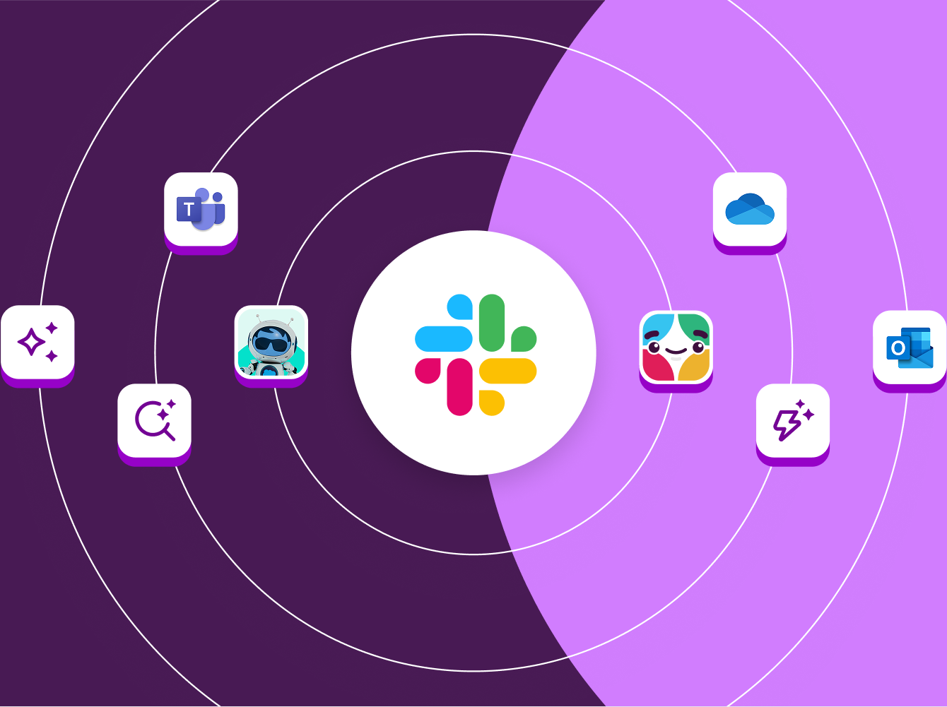 Logotipo de Slack rodeado por varios iconos de aplicaciones en círculos concéntricos sobre un fondo morado degradado