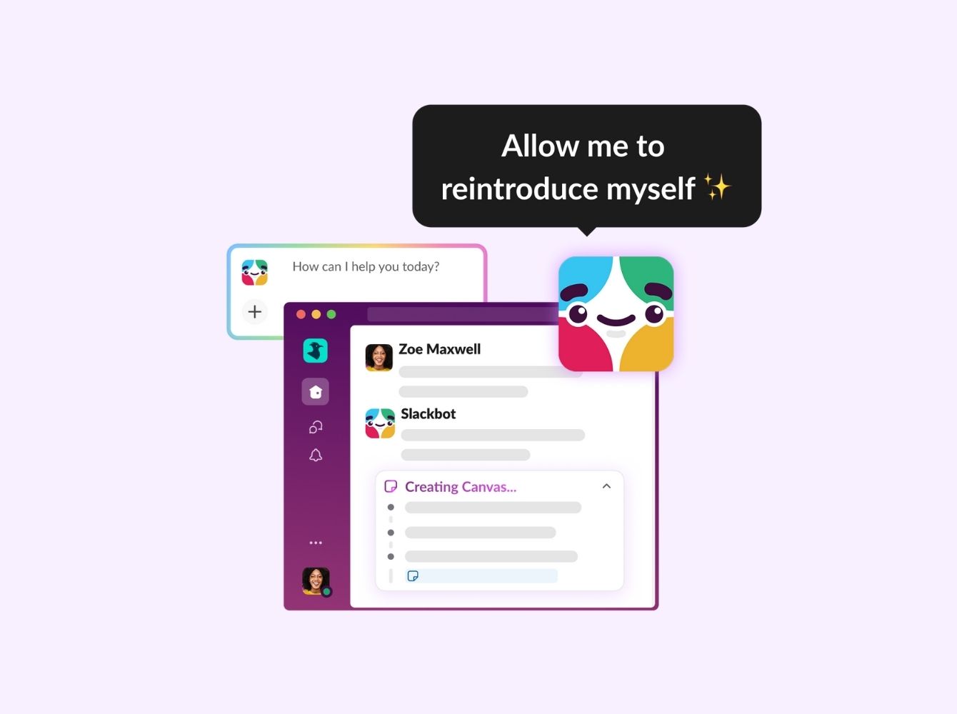 La interfaz de Slackbot mostrando una conversación con un colorido avatar de Slackbot con un bocadillo que dice “Permíteme que me presente” con un emoji de destello, mostrando la función de creación de canvas