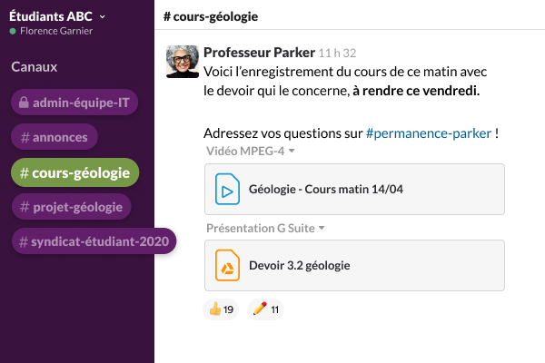 L’application Slack avec un message direct dans un canal.