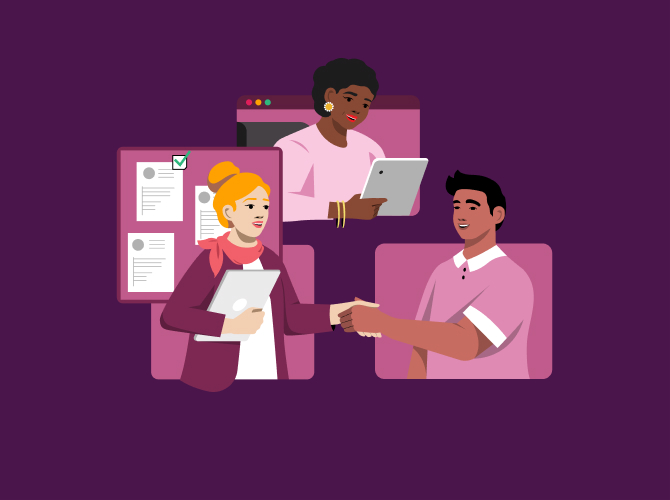Imagen de tres personas de un equipo de Recursos Humanos, dos de ellas dándose la mano, de las cuales una lleva un portapapeles, y la otra usando un ordenador portátil y un portapapeles